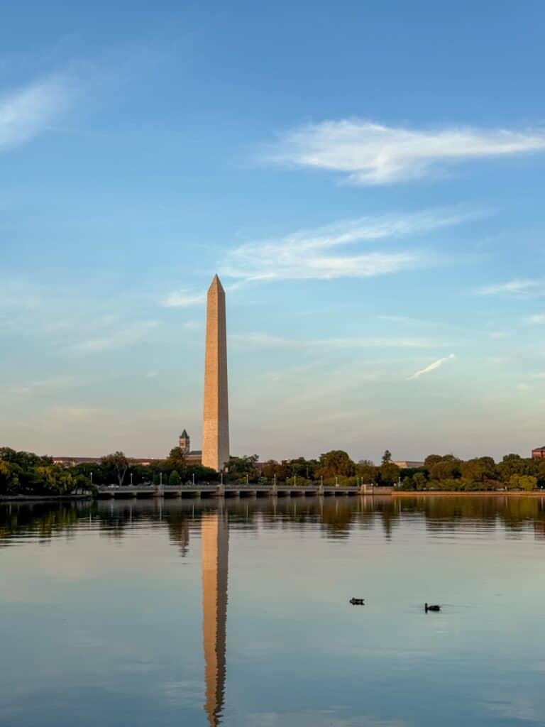 Washington Monument reflected in the still water of the Tidal Basin at golden hour, with two ducks on the water and a soft blue sky above