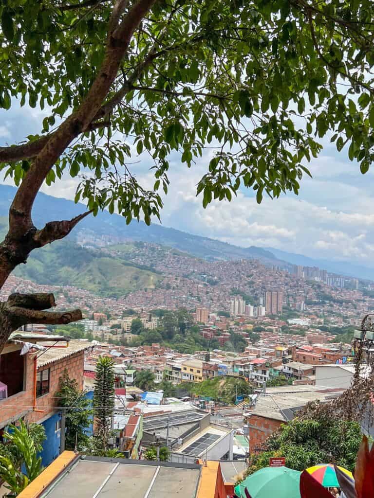 View over Medellín from the hillside of Comuna 13, with a tree framing the foreground, colorful neighborhood rooftops cascading down the slope, and the city valley and mountains behind, Colombia