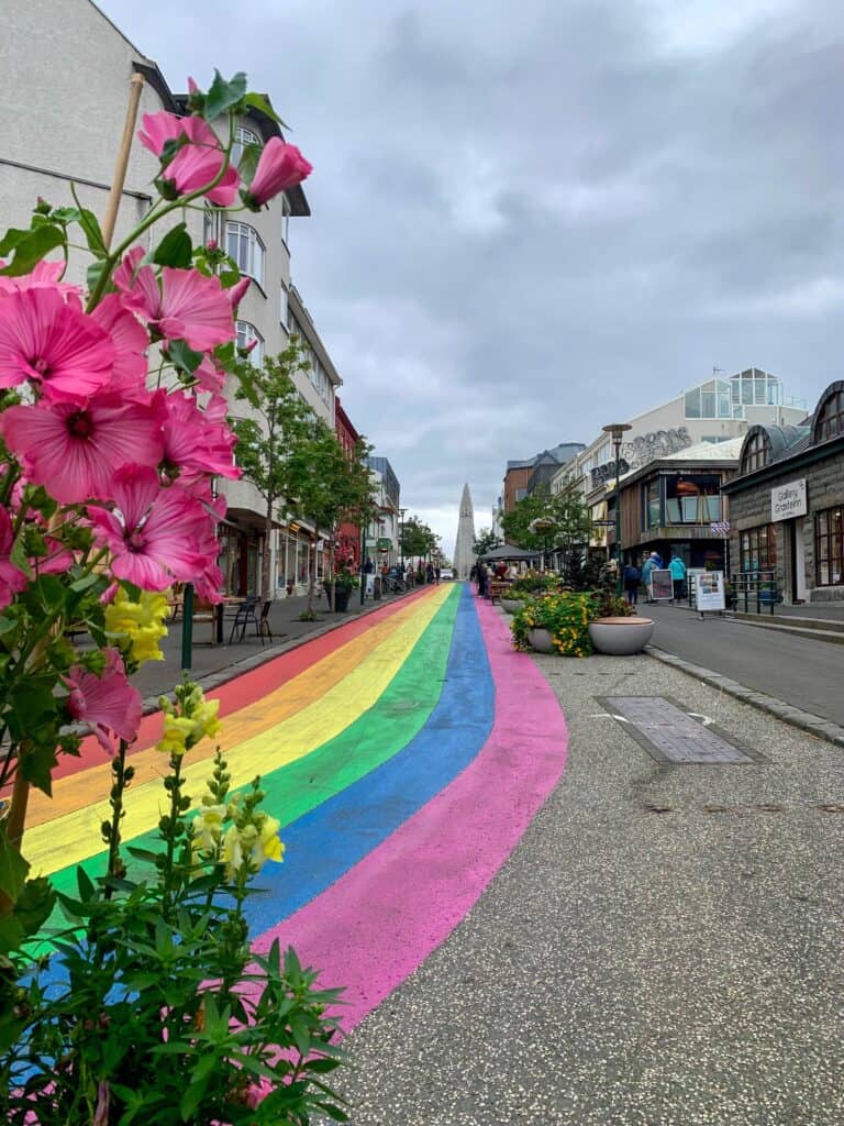 Rainbow-painted pedestrian street in Reykjavik leading toward Hallgrímskirkja church in the distance, with pink flowers in the foreground