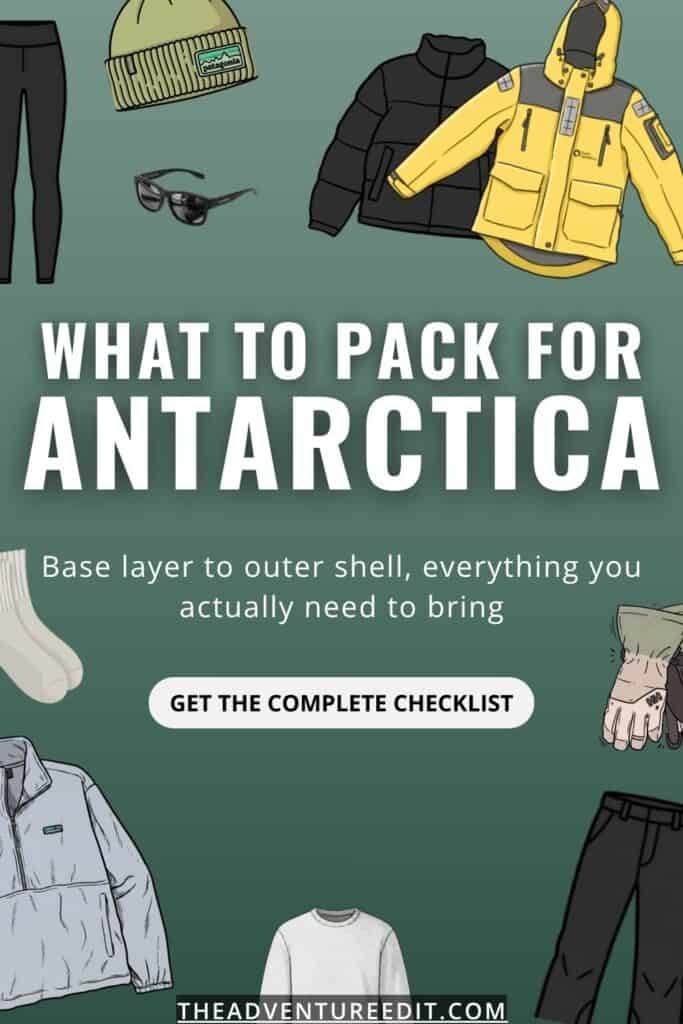 Illustrated diagram of merino base layers, fleece mid-layer, and waterproof outer shell icons for an Antarctica packing list