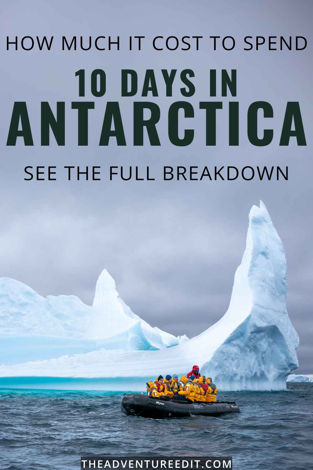 A Zodiac boat near an iceberg in Antarctica, with text showing how much is a trip to antarctica for a 10 day expedition