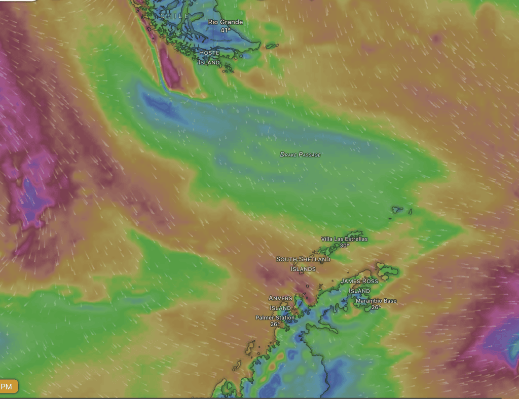 Windy wind forecast map used to track Drake Lake vs Drake Shake conditions before a Drake Passage crossing