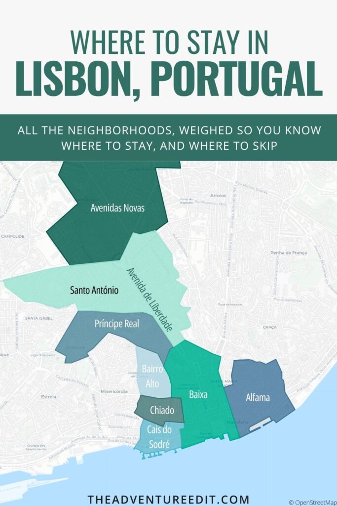 Map of where to stay in Lisbon, showing Baixa, Chiado, Alfama, Bairro Alto, and the city's other best neighborhoods